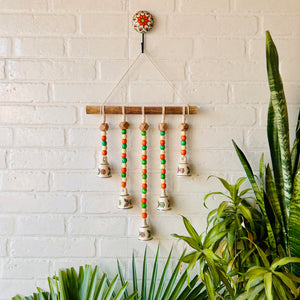 MARIGOLD | Beads and Bells Wall hanging | 5 beaded bells on a wooden dowel with ceramic hook | Handmade Decor