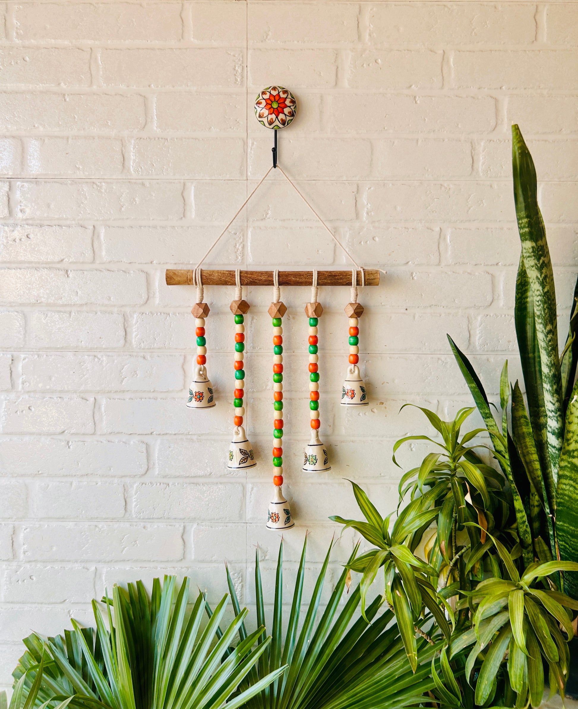 MARIGOLD | Beads and Bells Wall hanging | 5 beaded bells on a wooden dowel with ceramic hook | Handmade Decor