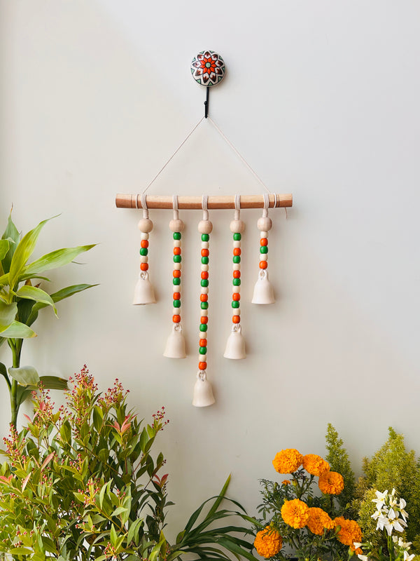 IVORY MARIGOLD | Beads and Bells Wall hanging | 5 beaded ceramic bells on a wooden dowel with ceramic hook | Handmade Decor