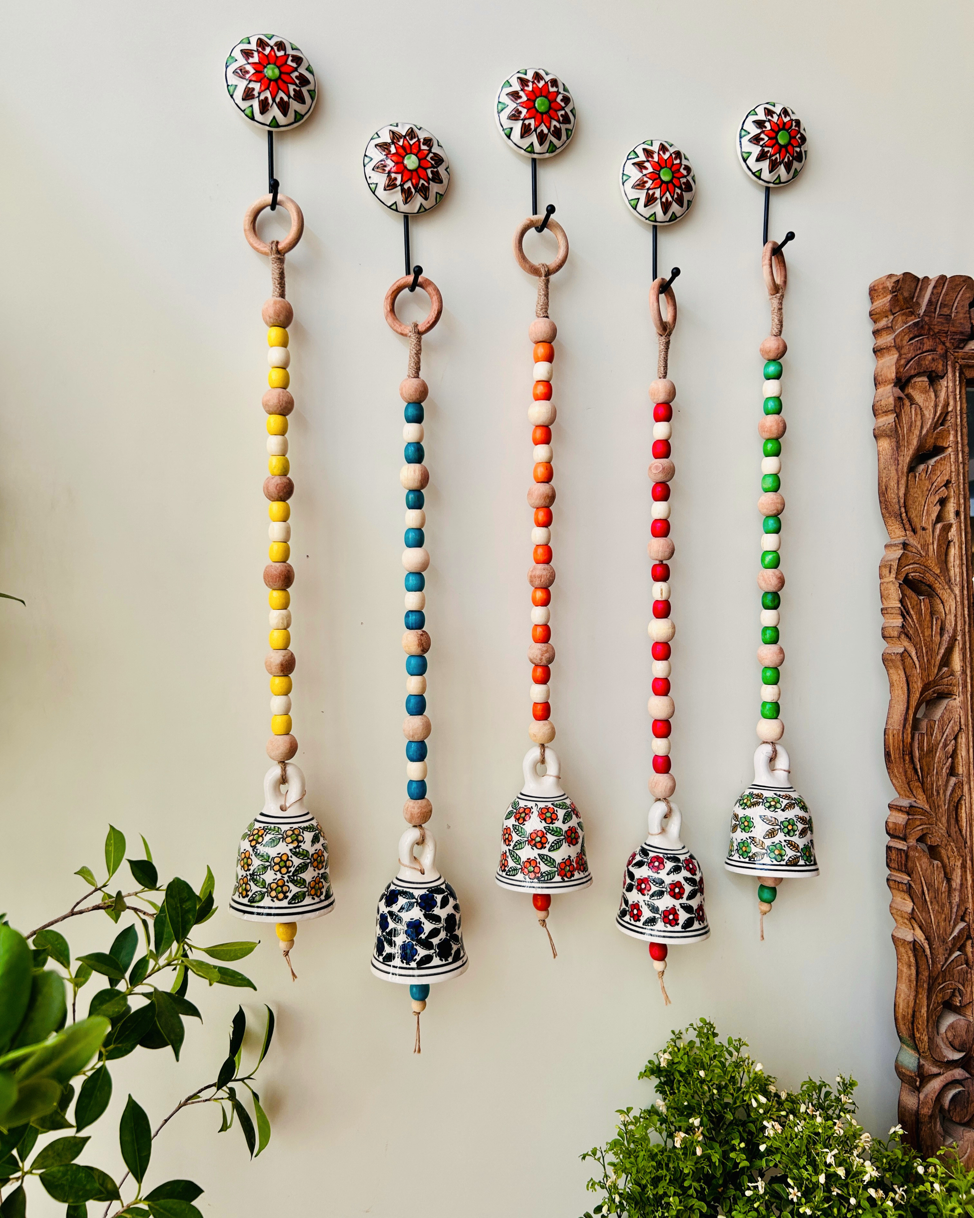 Garden Beaded Ceramic Bells | With Ceramic wall hooks-Floral MULTICOLOR