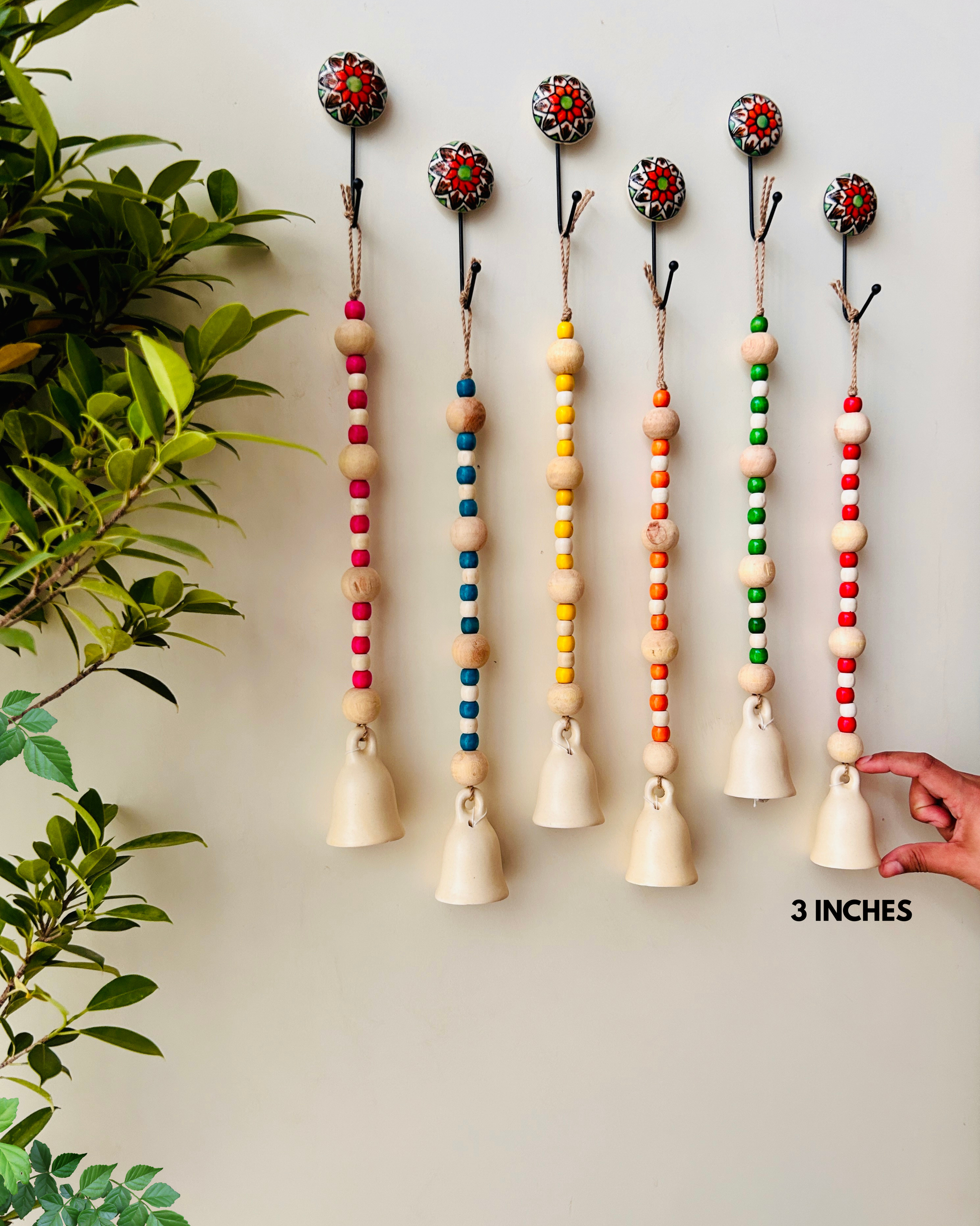 MINI Ceramic Beaded Bells | With Ceramic wall hooks- Ivory MULTICOLOR (Set of 6)