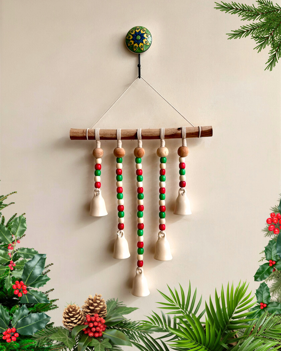 CHRISTMAS EDITION |Handmade Beads and Bells wall hanging on a wooden dowel | With Small Ceramic Bells and colorful beads | with Ceramic Wall hook