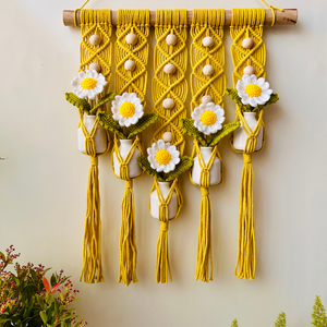 Mac-crochet Collection | Handmade White Daisy Macrame Wall Hanging with hand knitted crochet flowers and ceramic white bottle vases