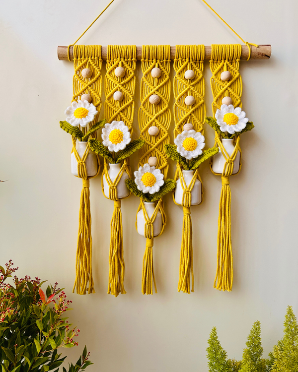Mac-crochet Collection | Handmade White Daisy Macrame Wall Hanging with hand knitted crochet flowers and ceramic white bottle vases