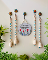 Colorful Floral Entrance Wall Sets | 4 Ceramic Ivory white BEADED bells with a beaded wooden welcome sign board  | Ceramic hooks | Color Theme Decor