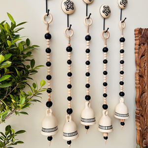 Midnight Ivory Ceramic Beaded Bells | With Ceramic wall hooks- MONOCHROME