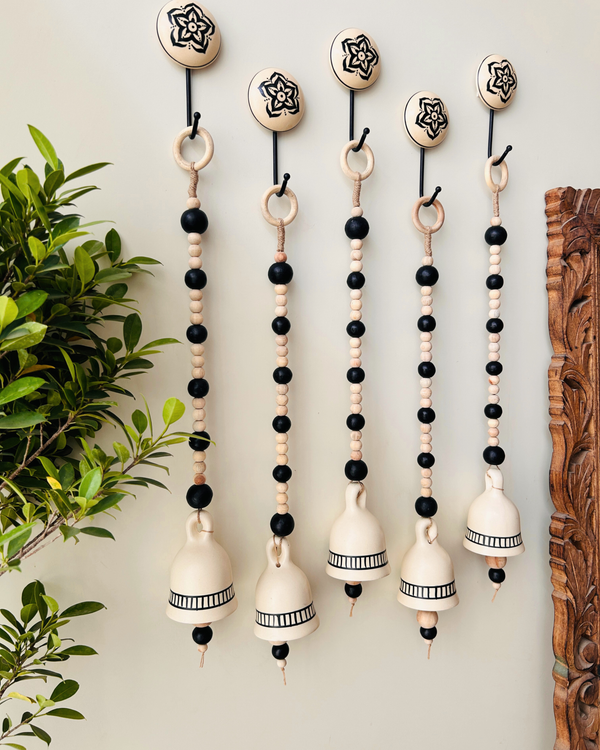 Midnight Ivory Ceramic Beaded Bells | With Ceramic wall hooks- MONOCHROME