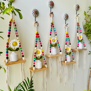 Mac-crochet Collection | Macrame-Colorful Beaded Handmade Wall shelves with crochet flowers in ceramic bottle vases