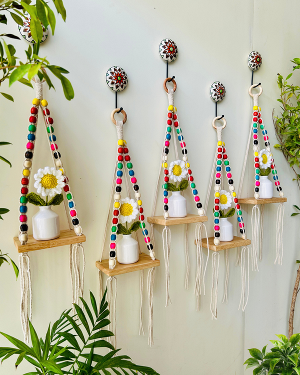 Mac-crochet Collection | Macrame-Colorful Beaded Handmade Wall shelves with crochet flowers in ceramic bottle vases
