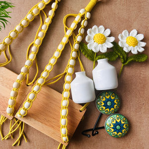 Mac-crochet Collection | A PAIR of Macrame-Beaded Handmade Wall shelves with crochet flowers in ceramic bottle vases