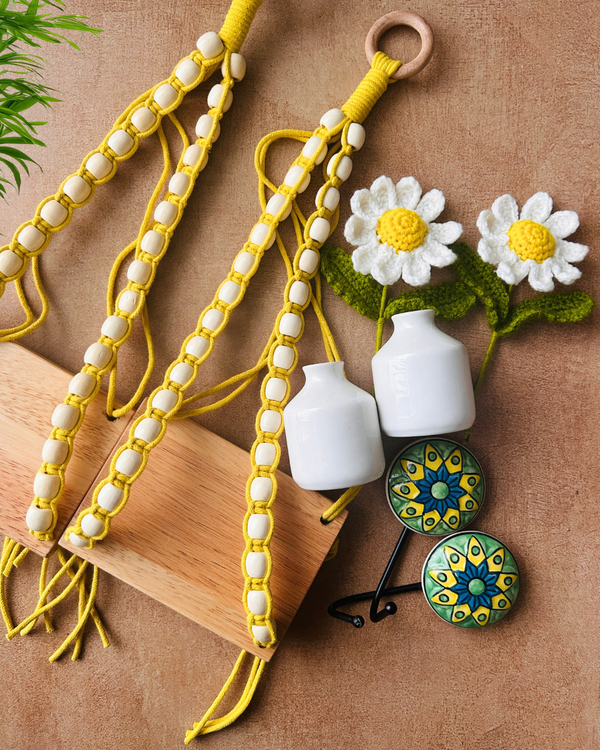 Mac-crochet Collection | A PAIR of Macrame-Beaded Handmade Wall shelves with crochet flowers in ceramic bottle vases