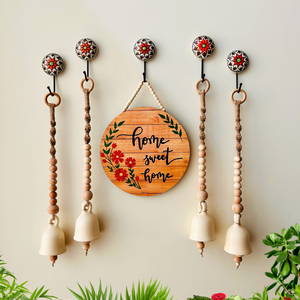 Boho Floral Entrance Wall Set – Handmade & Heartfelt | 4 Ceramic Ivory white bells with a wooden welcome sign board  | Ceramic hooks |Serene and Calming  Decor option