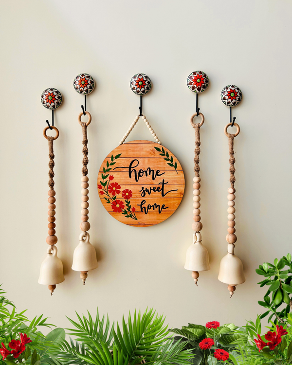 Boho Floral Entrance Wall Set – Handmade & Heartfelt | 4 Ceramic Ivory white bells with a wooden welcome sign board  | Ceramic hooks |Serene and Calming  Decor option