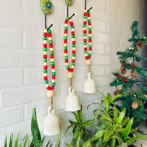 INDIAN ROSE |Handmade Ivory Ceramic Beaded Bells with ceramic hooks | Set of 3