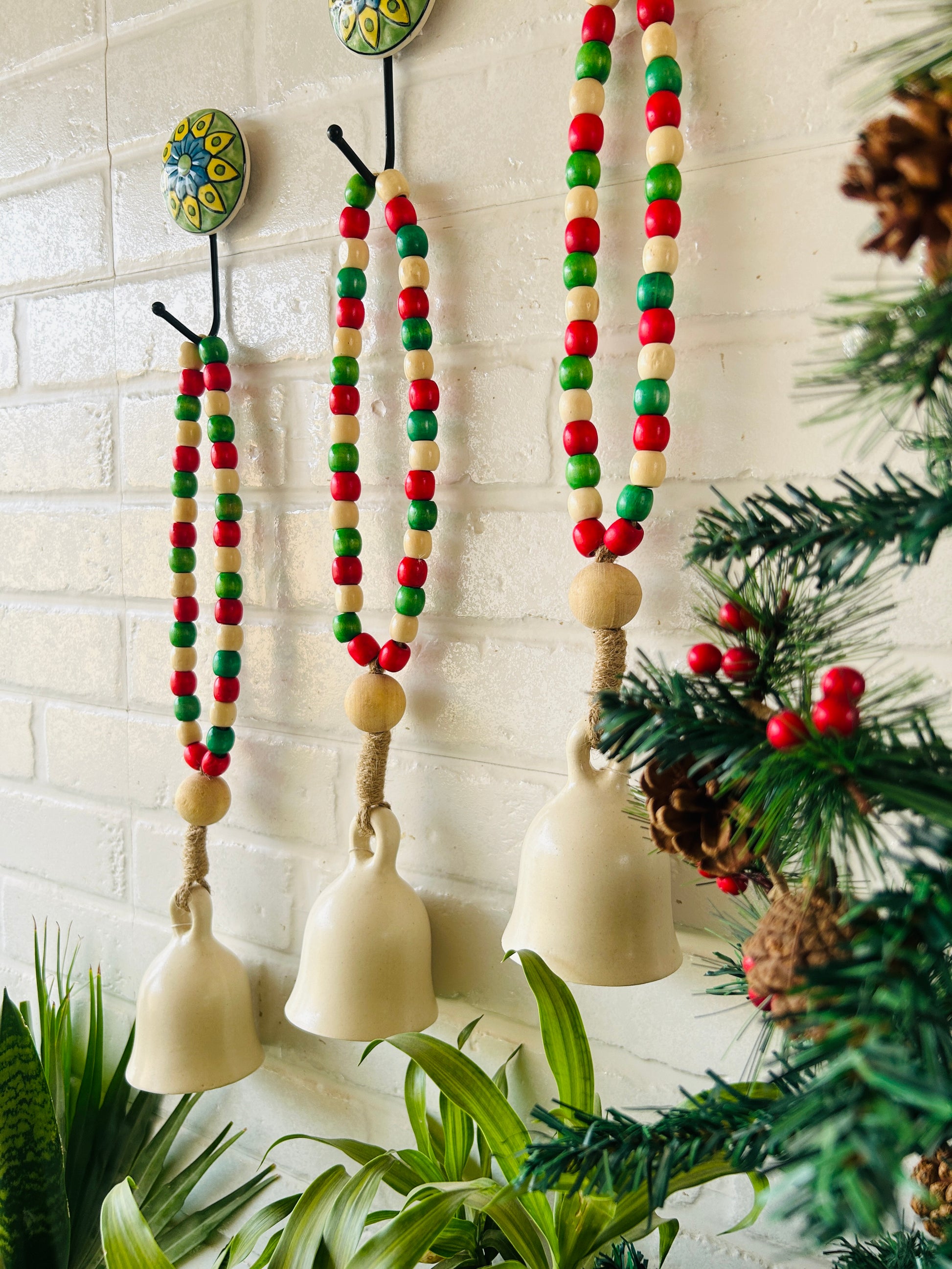 INDIAN ROSE |Handmade Ivory Ceramic Beaded Bells with ceramic hooks | Set of 3