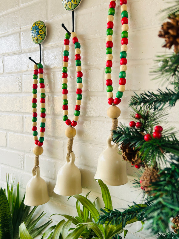 CHRISTMAS EDITION |Handmade Ivory Ceramic Beaded Bells with ceramic hooks | Set of 3