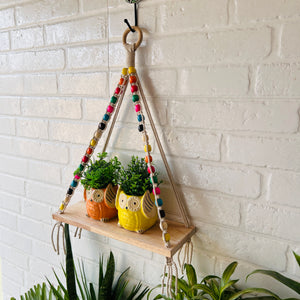 Natural Wood Colorful Beaded Shelf | With Ceramic Planters and Hook