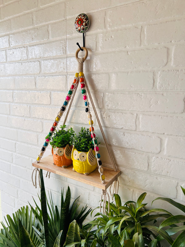 Natural Wood Colorful Beaded Shelf | With Ceramic Planters and Hook