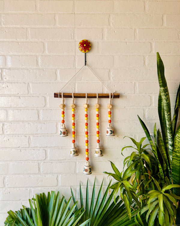 Sunflower 🌻 | 5 beaded bells on a wooden dowel with ceramic hook