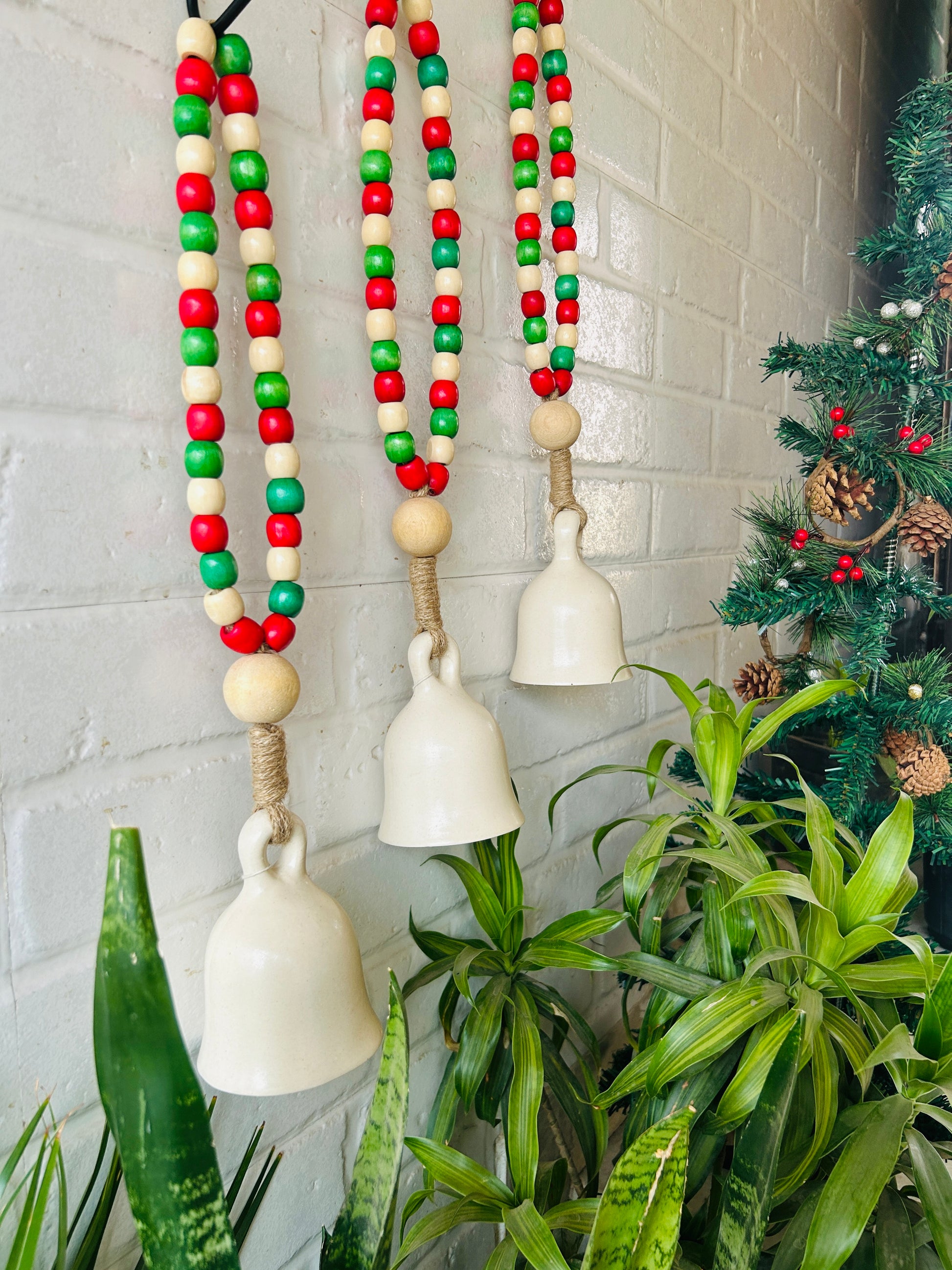 INDIAN ROSE |Handmade Ivory Ceramic Beaded Bells with ceramic hooks | Set of 3