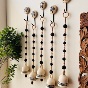 Midnight Ivory Ceramic Beaded Bells | With Ceramic wall hooks- MONOCHROME
