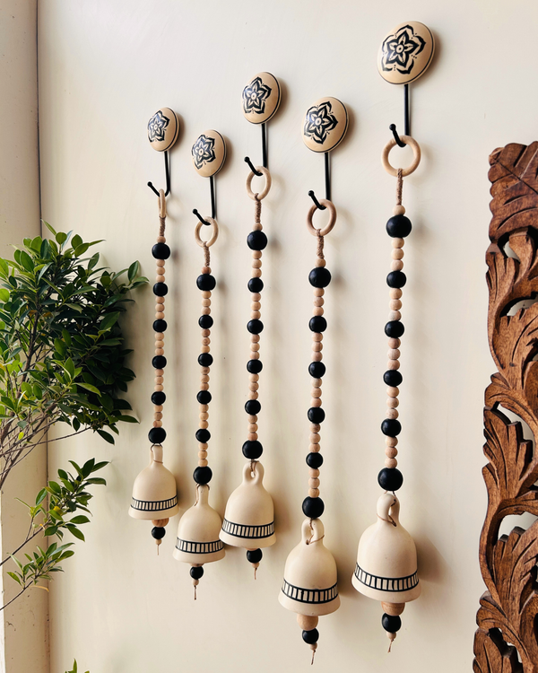 Midnight Ivory Ceramic Beaded Bells | With Ceramic wall hooks- MONOCHROME