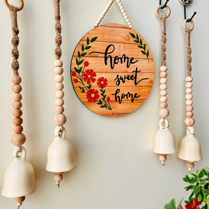 Boho Floral Entrance Wall Set – Handmade & Heartfelt | 4 Ceramic Ivory white bells with a wooden welcome sign board  | Ceramic hooks |Serene and Calming  Decor option