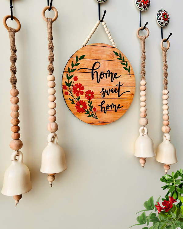 Boho Floral Entrance Wall Set – Handmade & Heartfelt | 4 Ceramic Ivory white bells with a wooden welcome sign board  | Ceramic hooks |Serene and Calming  Decor option