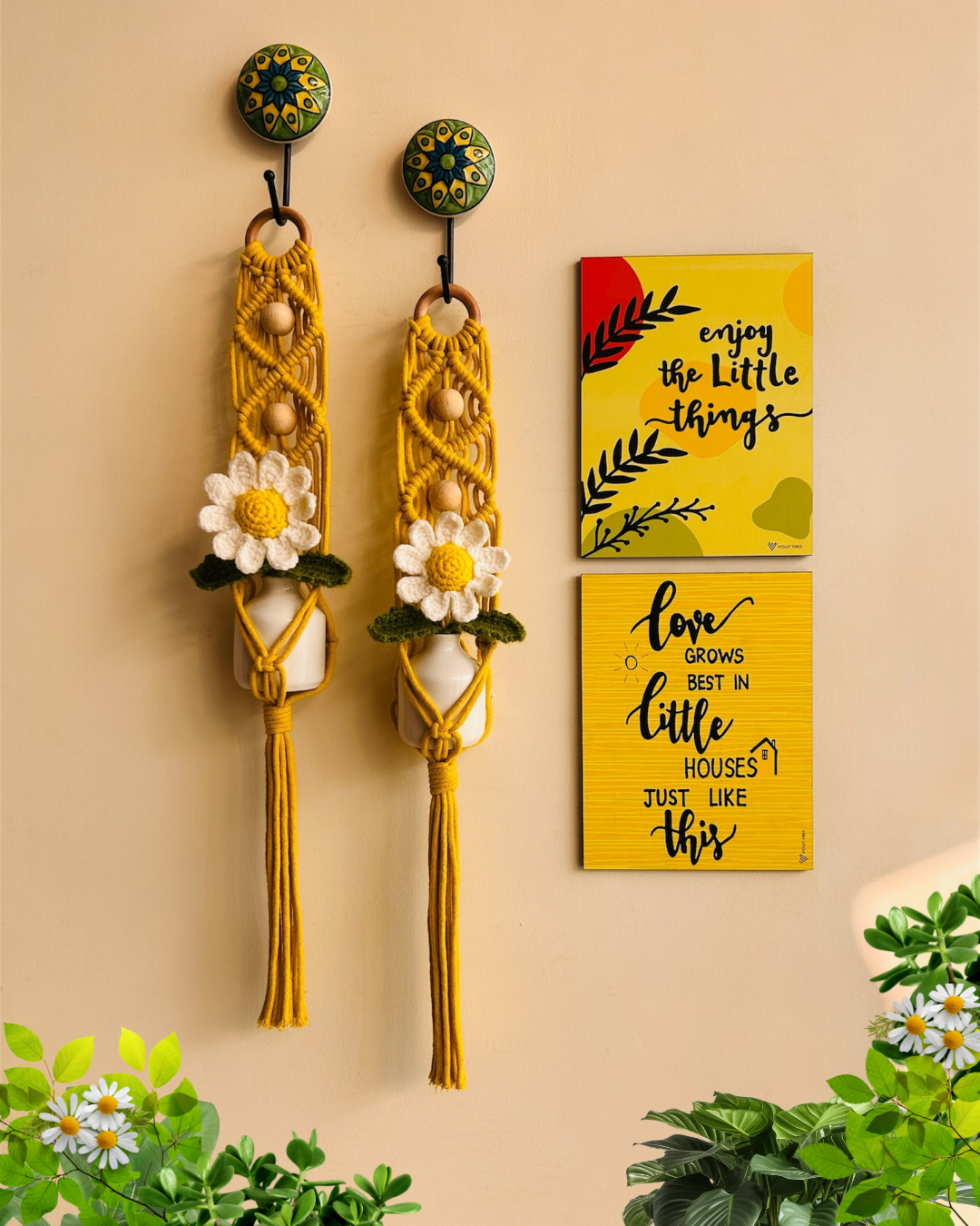 Mac-crochet Collection |Love Grows in little houses wall set up | with macrame hangers and crochet flowers