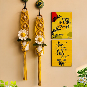 Mac-crochet Collection |Love Grows in little houses wall set up | with macrame hangers and crochet flowers