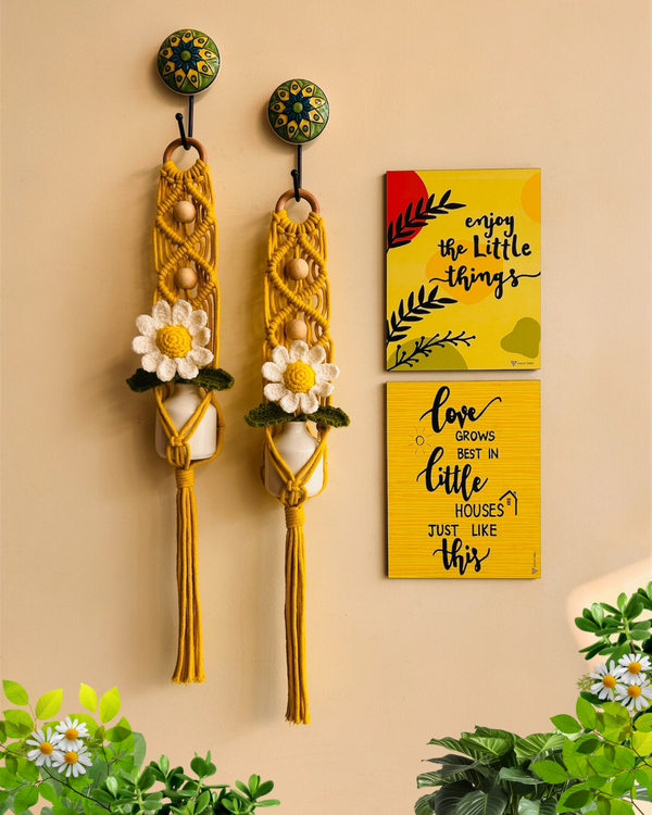 Mac-crochet Collection |Love Grows in little houses wall set up | with macrame hangers and crochet flowers