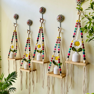 Mac-crochet Collection | Macrame-Colorful Beaded Handmade Wall shelves with crochet flowers in ceramic bottle vases