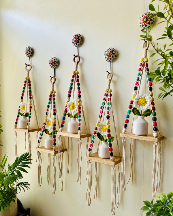 Mac-crochet Collection | Macrame-Colorful Beaded Handmade Wall shelves with crochet flowers in ceramic bottle vases