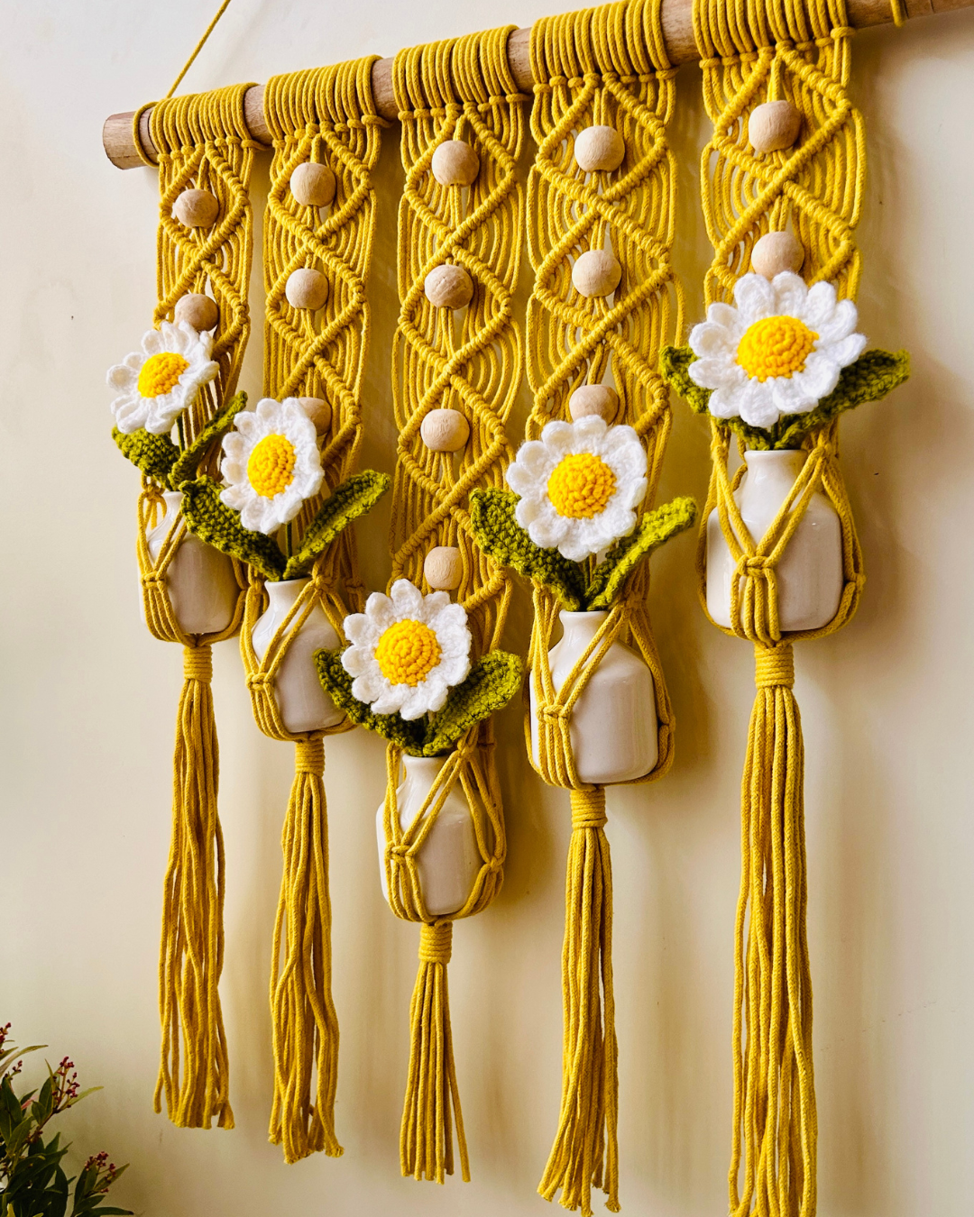 Mac-crochet Collection | Handmade White Daisy Macrame Wall Hanging with hand knitted crochet flowers and ceramic white bottle vases