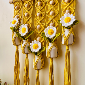 Mac-crochet Collection | Handmade White Daisy Macrame Wall Hanging with hand knitted crochet flowers and ceramic white bottle vases