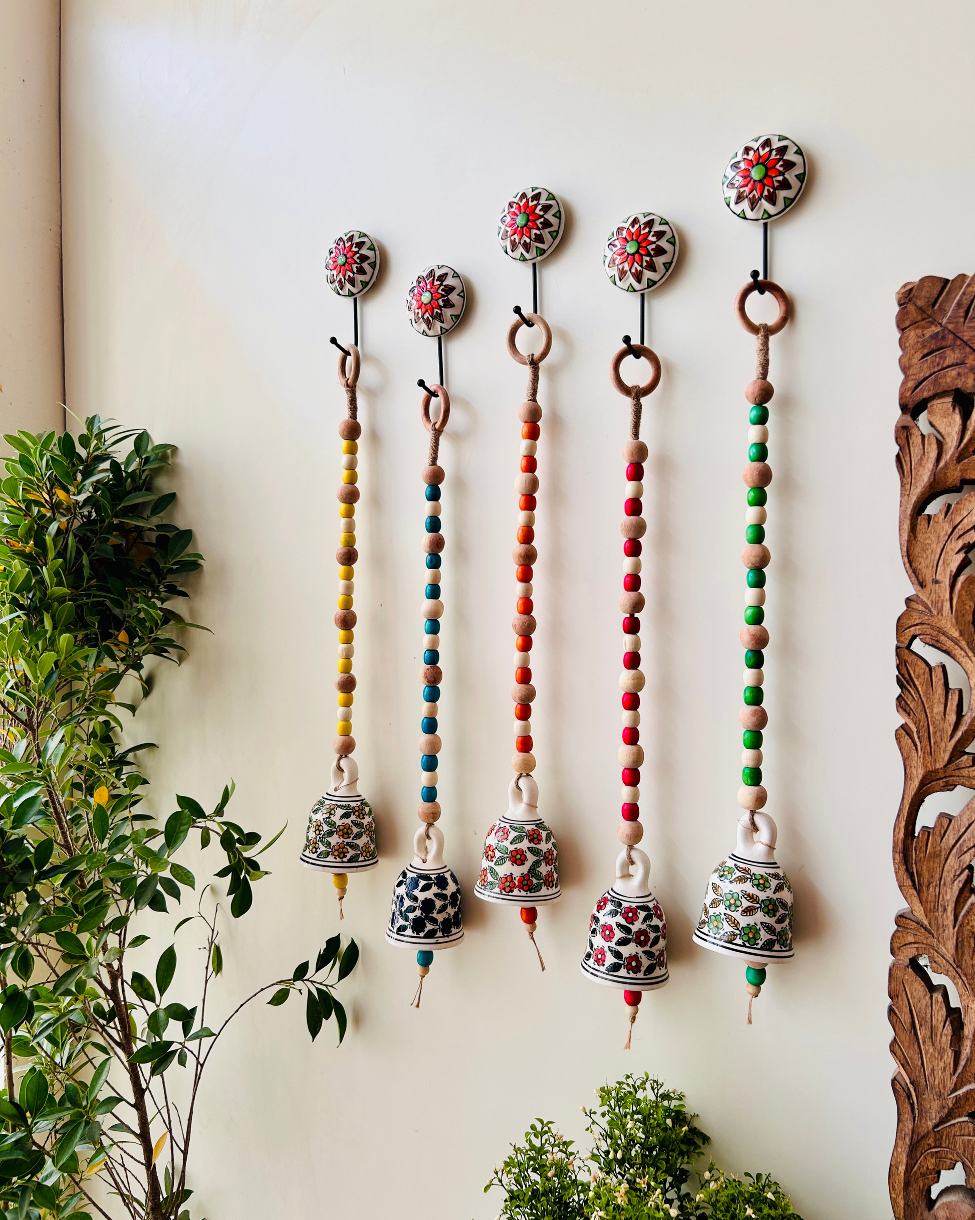 Garden Beaded Ceramic Bells | With Ceramic wall hooks-Floral MULTICOLOR