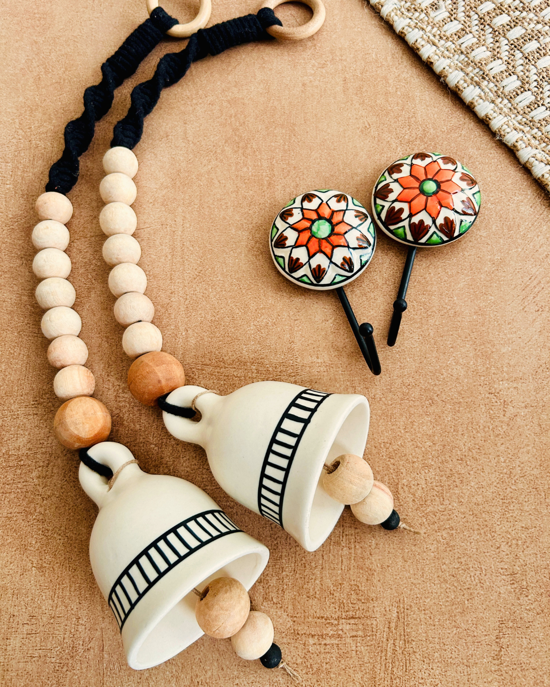 Monochrome Melody | BOHO IVORY Ceramic-Beaded-Macrame Bells | PAIR of bells with a PAIR of ceramic hooks