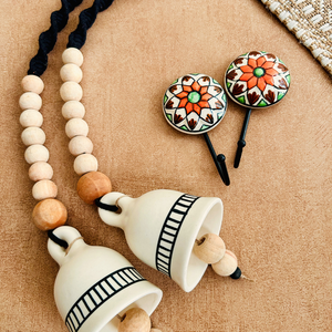 Monochrome Melody | BOHO IVORY Ceramic-Beaded-Macrame Bells | PAIR of bells with a PAIR of ceramic hooks