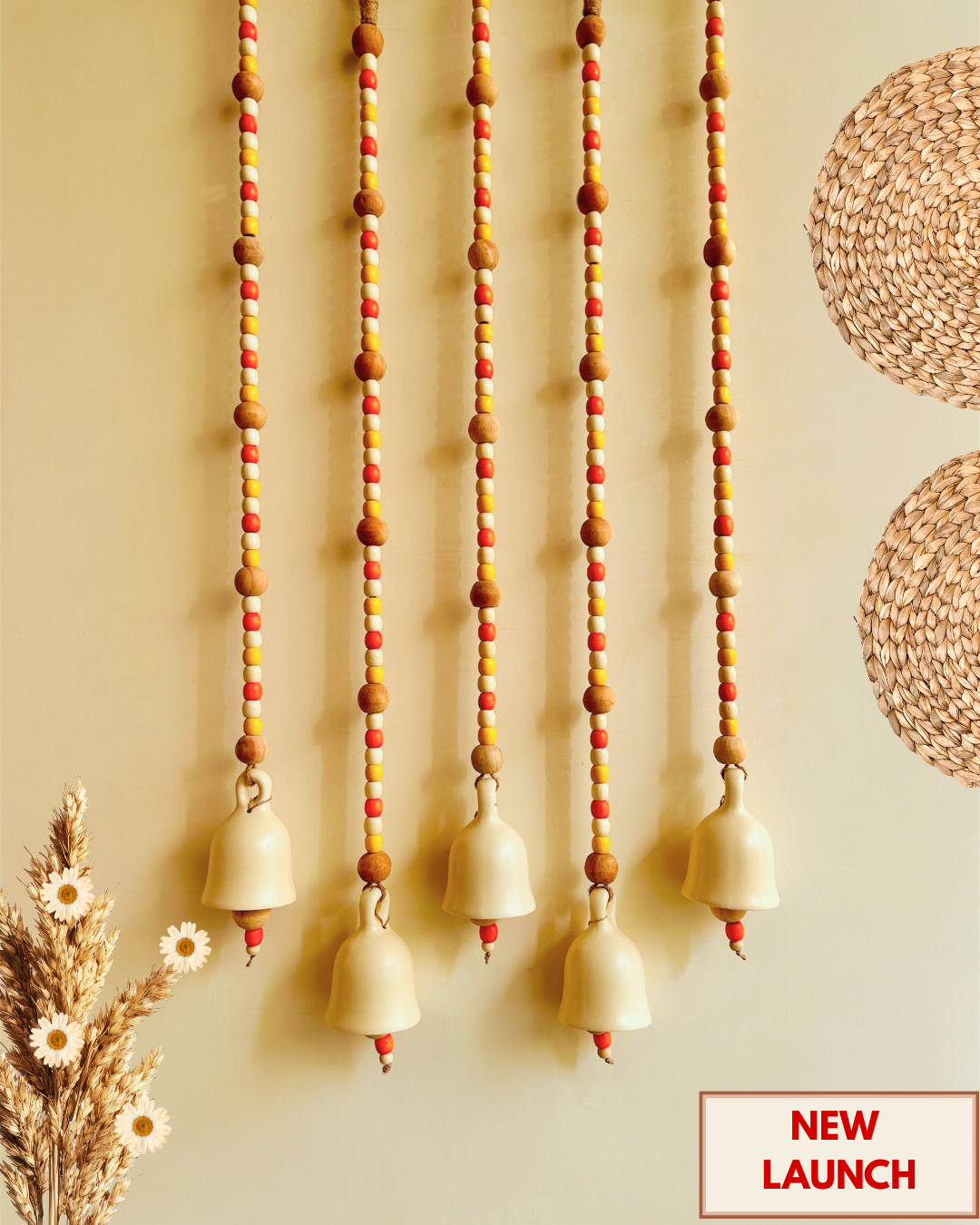 Marigold | Boho Ivory | Backdrop Ceramic Beaded Bells | With ceramic wall hooks