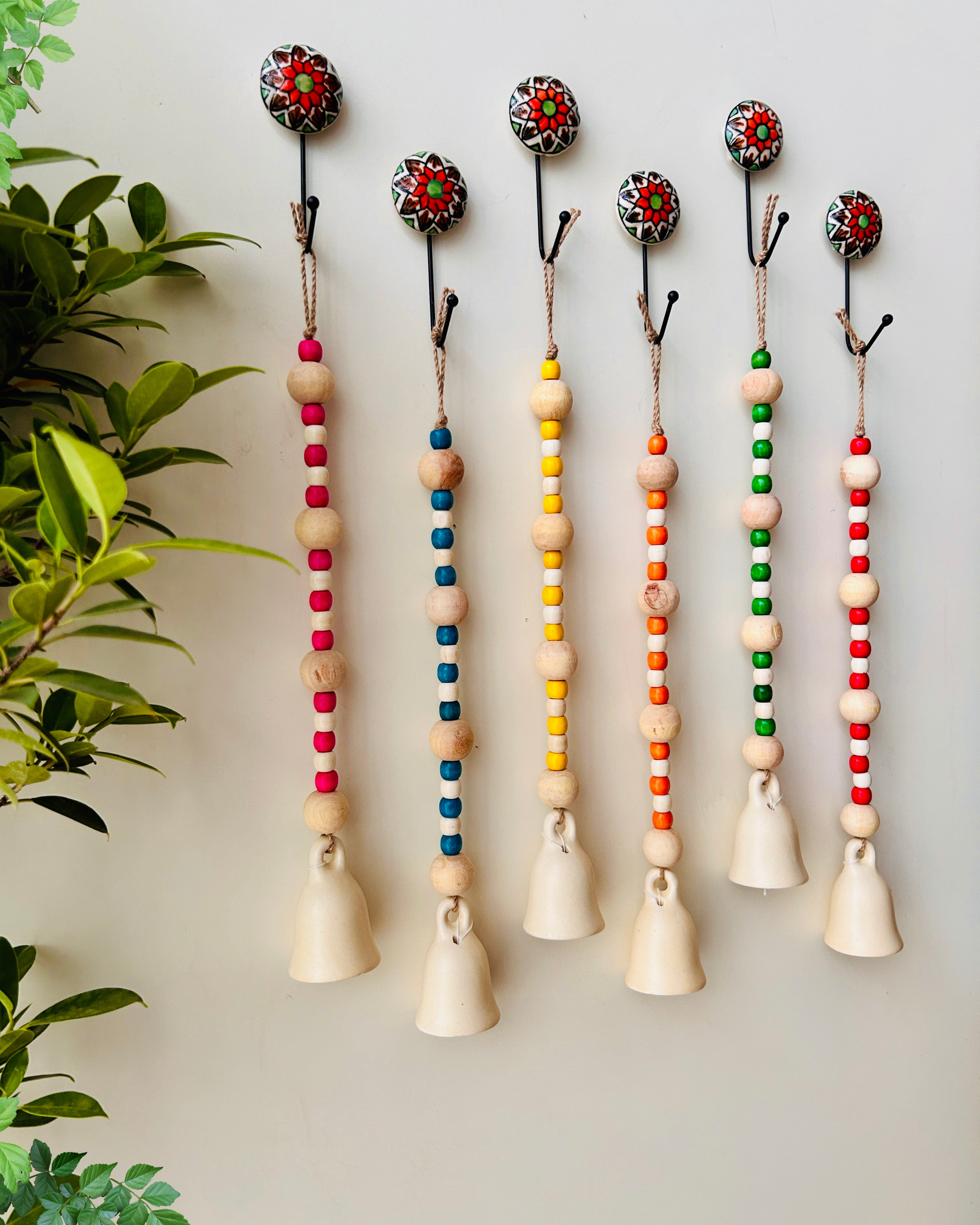 MINI Ceramic Beaded Bells | With Ceramic wall hooks- Ivory MULTICOLOR (Set of 6)
