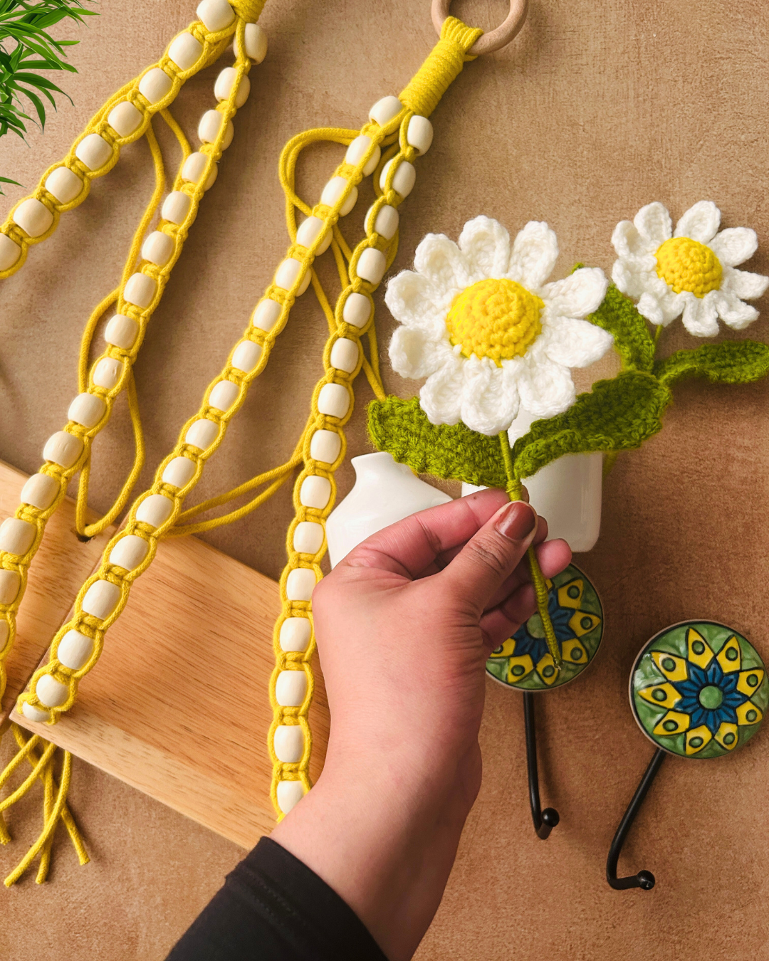 Mac-crochet Collection | A PAIR of Macrame-Beaded Handmade Wall shelves with crochet flowers in ceramic bottle vases