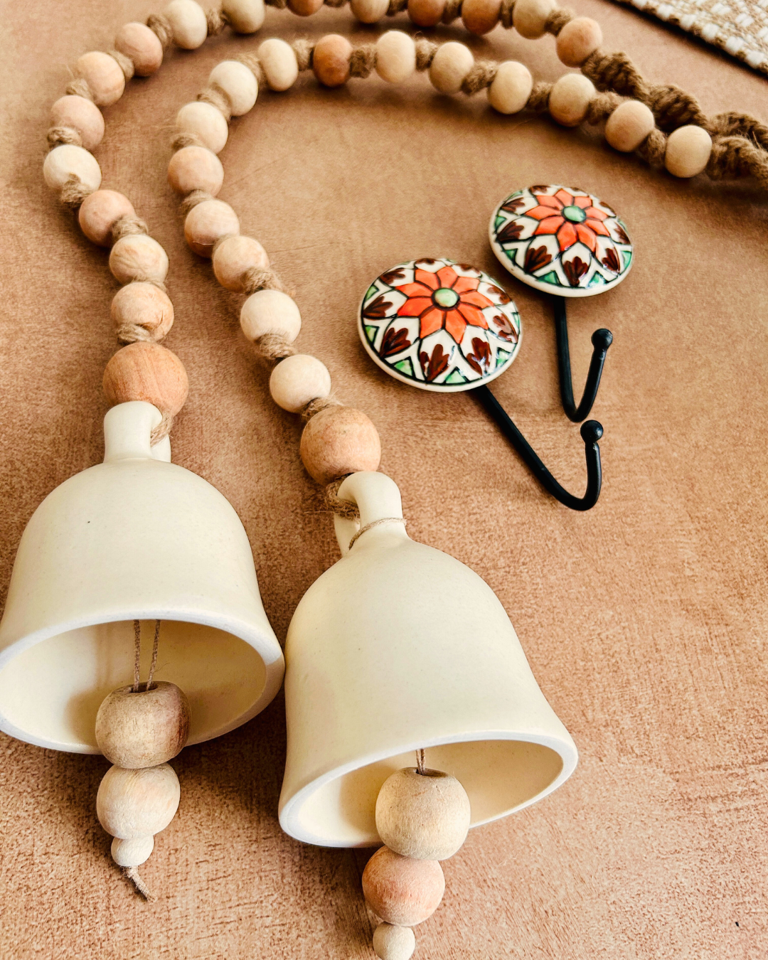 Rustic | Boho Ivory |Backdrop Ceramic Bells | With Ceramic Wall Hooks