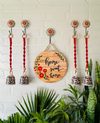 Home sweet home wall set up with four Red macrame bells and ceramic hooks