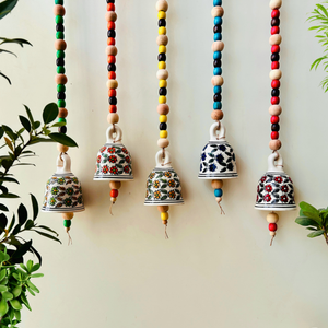 Blossom Beaded Ceramic Bells | With Ceramic wall hooks-Floral MULTICOLOR
