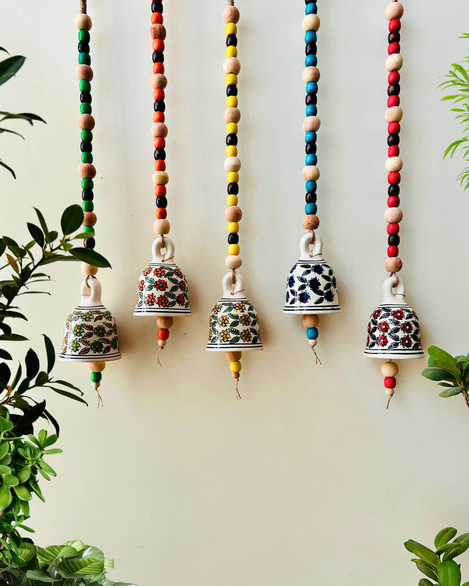 Blossom Beaded Ceramic Bells | With Ceramic wall hooks-Floral MULTICOLOR