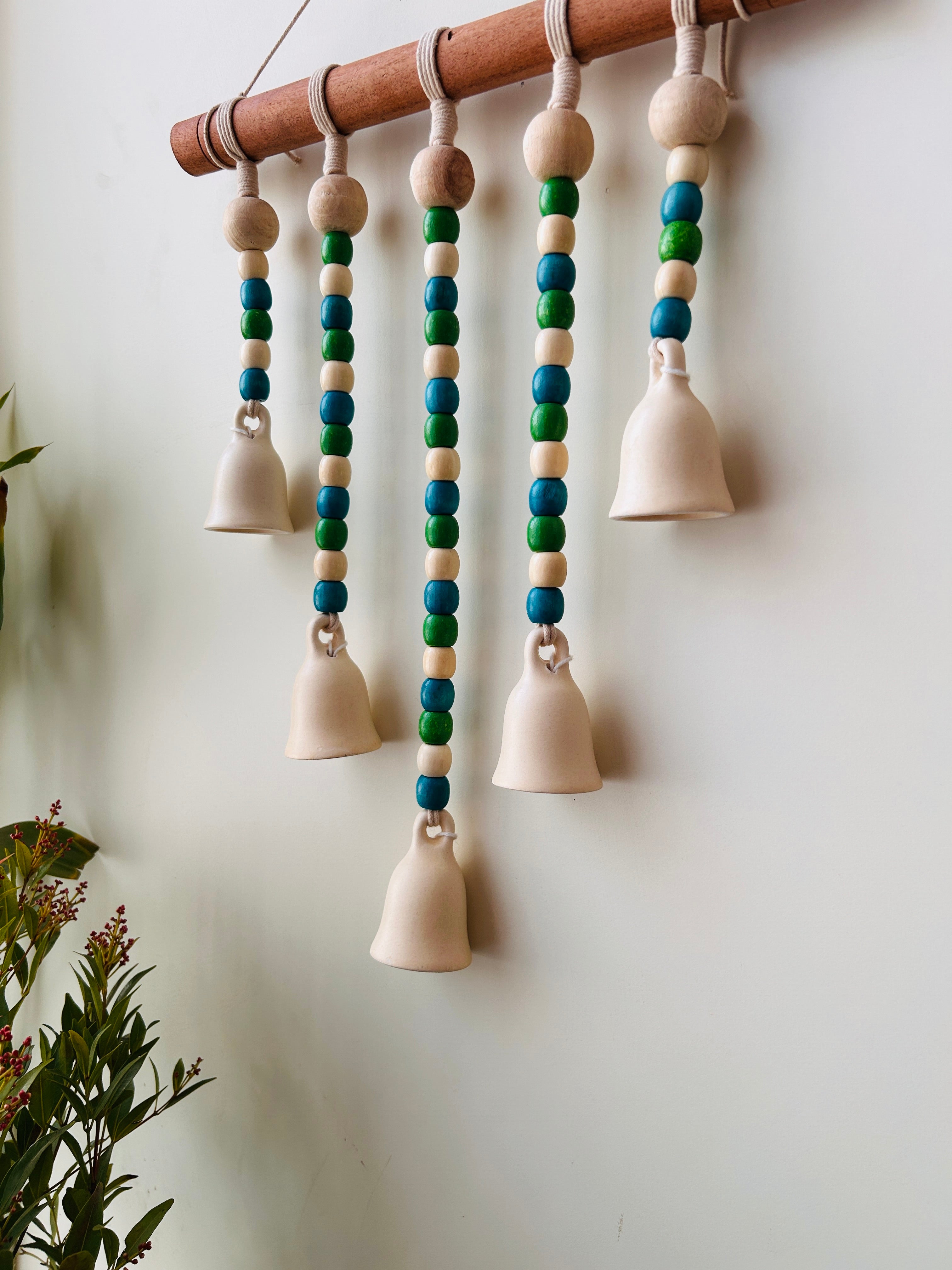 IVORY BLUE ORCHID | Beads and Bells Wall hanging | 5 ceramic beaded bells on a wooden dowel with ceramic hook | Handmade Decor