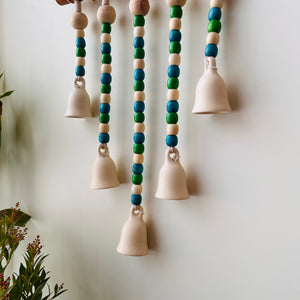 IVORY BLUE ORCHID | Beads and Bells Wall hanging | 5 ceramic beaded bells on a wooden dowel with ceramic hook | Handmade Decor