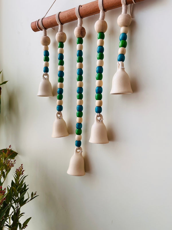 IVORY BLUE ORCHID | Beads and Bells Wall hanging | 5 ceramic beaded bells on a wooden dowel with ceramic hook | Handmade Decor