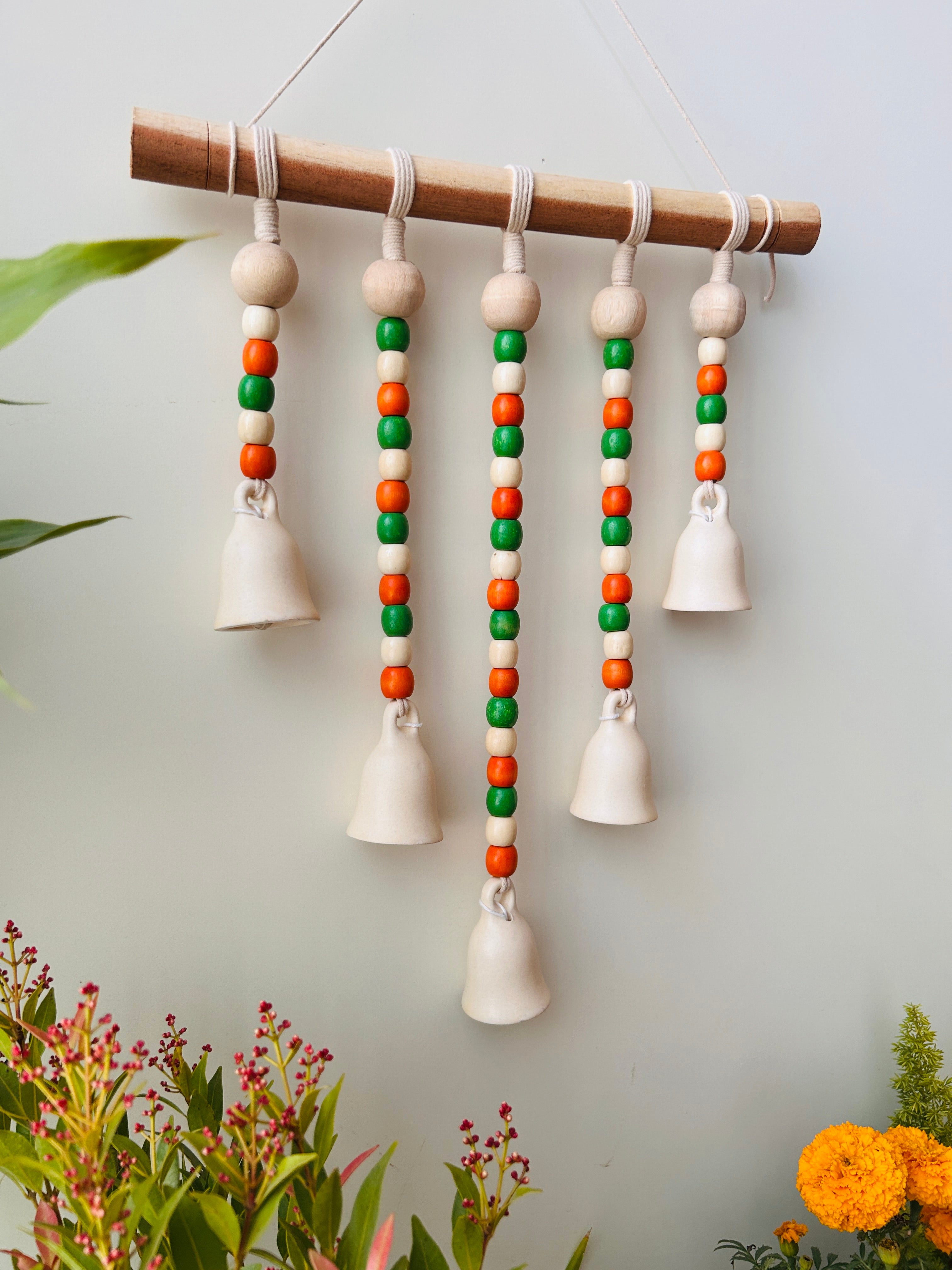 IVORY MARIGOLD | Beads and Bells Wall hanging | 5 beaded ceramic bells on a wooden dowel with ceramic hook | Handmade Decor