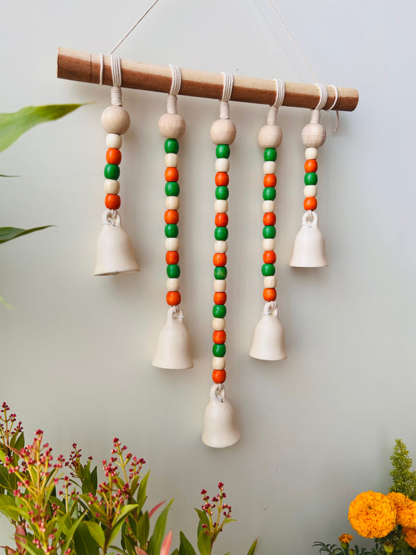 IVORY MARIGOLD | Beads and Bells Wall hanging | 5 beaded ceramic bells on a wooden dowel with ceramic hook | Handmade Decor